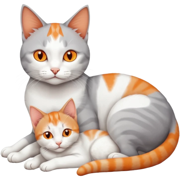 full body of a grey and white cat cuddling a very small + skinny ginger and white kitten with deep orange eyes and triangular shaped face lying down emoji