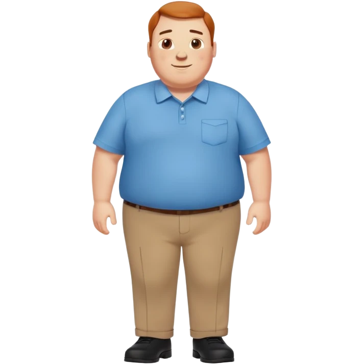 A cheerful overweight man with freckles, wearing a crisp blue shirt, brown trousers, and polished black shoes, standing confidently with a friendly smile. Simple, clean emoji style with warm colors. emoji