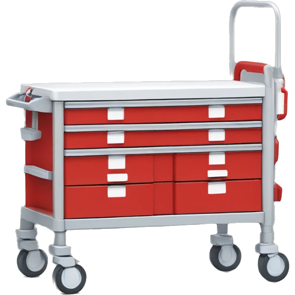 Singular Red medical crash cart is a mobile, multi-drawer unit designed to store and organize emergency medical supplies and equipment emoji