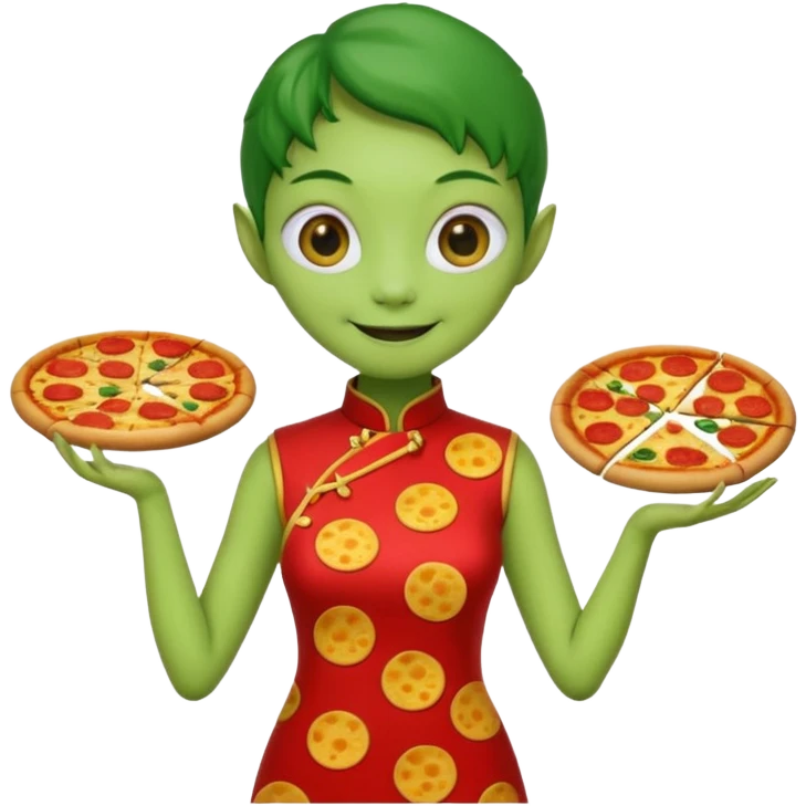 alien, wearing cheongsam, with pizza emoji
