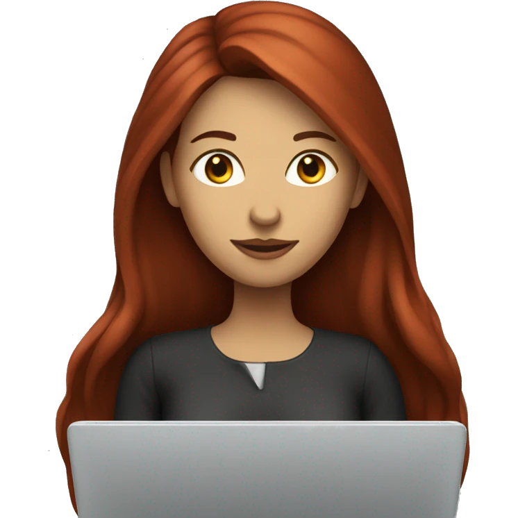 Woman that has Long Dark red hair coding on a laptop emoji