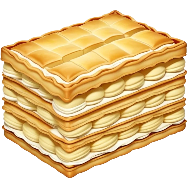 mille-feuille-cinematic-realistic-mille-feuille-dessert-emoji,-depicted-as-a-rectangular delicate-pastry-composed-of-two-crisp-layers-of-puff-pastry-with-a-rich-cream-filling,-rendered-with-intricate-textures-and-elegant,-soft-lighting. Please only show two layers only. emoji