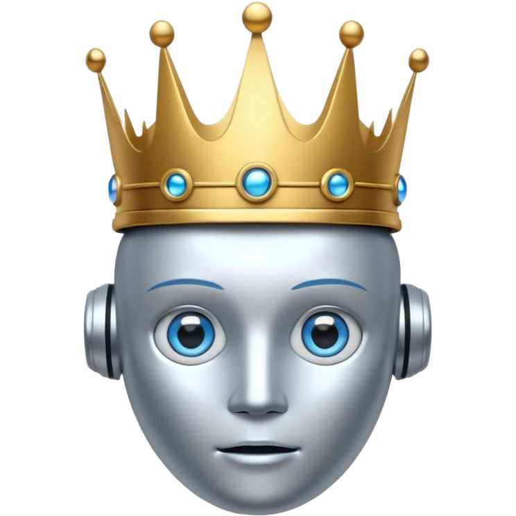 silver robot with blue eyes with golden crown emoji
