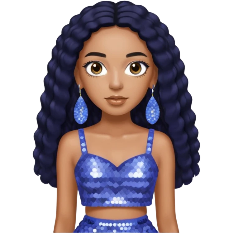 Solange with long black hair, periwinkle sequin crop top, periwinkle sequin skirt, periwinkle earring emoji