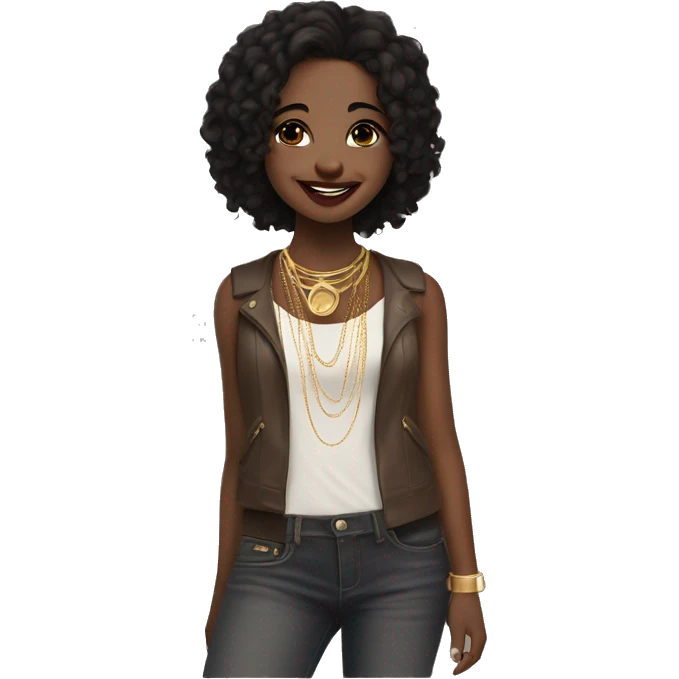 happy rock girl with rosy lips and dark eyes snd dark hair, gold hoops and necklace  emoji