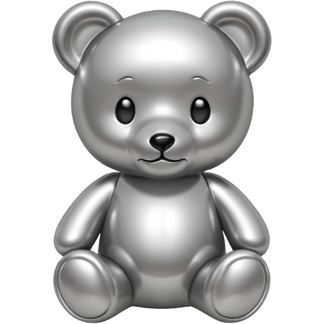 A cute teddy bear emoji made of liquid silver chrome, smooth rounded body, glossy metallic surface, soft reflections, friendly proportions, iOS emoji style, centered, clean white background emoji