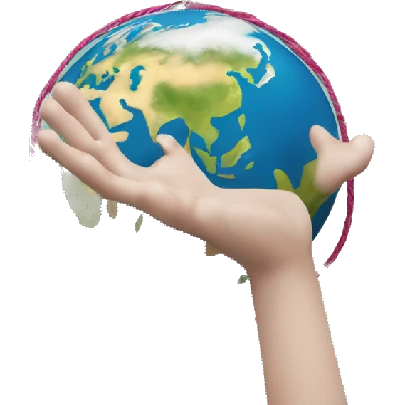 planet earth, hanging from strings connected to a puppeteering hand emoji