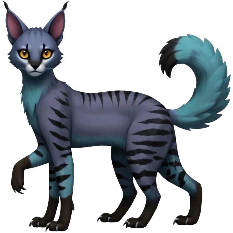 Colorful dark black gloomy spooky pointy foggy smoky points-marked glorious hyper-realistic exotic cute cool beautiful beautiful fantasy-caracal-civet-genet-sergal-vernid-Gryphon-Cacomistle-Trico-oncilla-animal-Fakémon-hybrid-fursona (full body) emoji