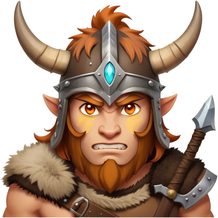 Clash of Clans aesthetic: Cinematic Fierce Barbarian Portrait Emoji, Poised and bold with a rugged yet cartoonish build in tattered furs and a horned helmet, his face rendered in a natural skin tone (not yellow), expressive bright eyes and a confident smirk, Simplified yet dynamic features, highly detailed, glowing with a vivid, adventurous aura, high shine, heroic and spirited, stylized with an air of medieval warrior charm, focused and energetic, soft glowing outline, capturing the essence of a fearless barbarian adventurer ready to lead his clan with spirited valor! emoji