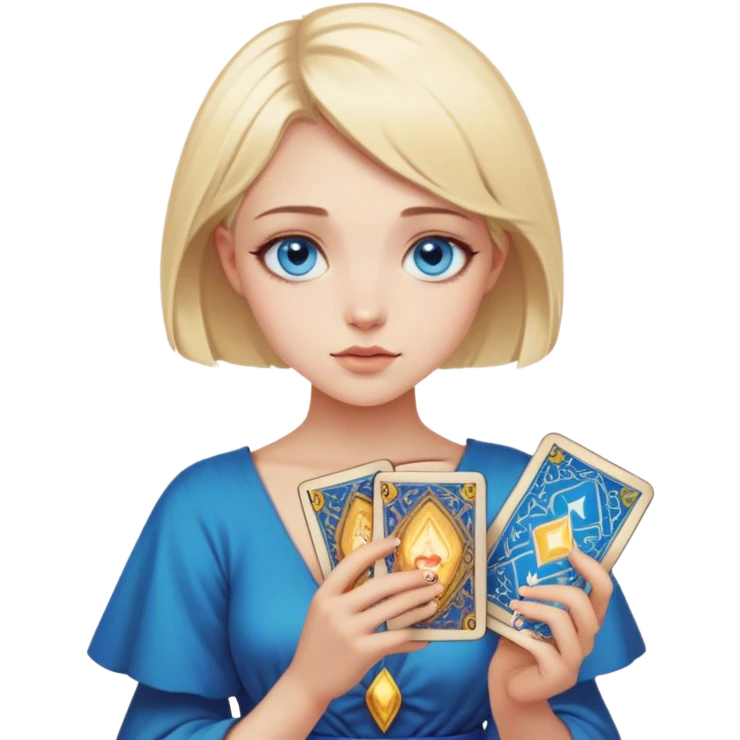 A blonde girl with blue eyes and short hair holds tarot cards emoji