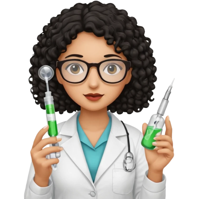 A tan girl, black curly hair with glasses a pharmacist, has a medicine syringe in her hand emoji