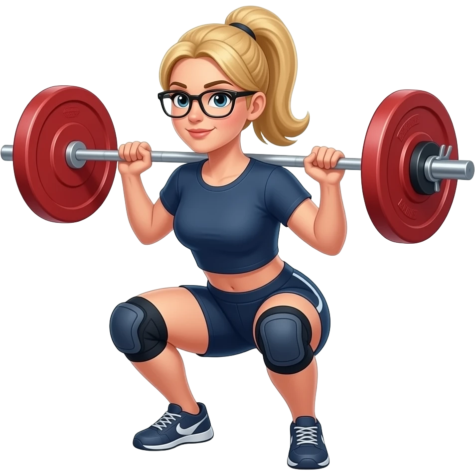 blond long hair female with glasses and pony tale doing squats with a barbell with 2 red plates on each side wearing dark blue sbd tshirt and dark blue shorts, knee sleves emoji