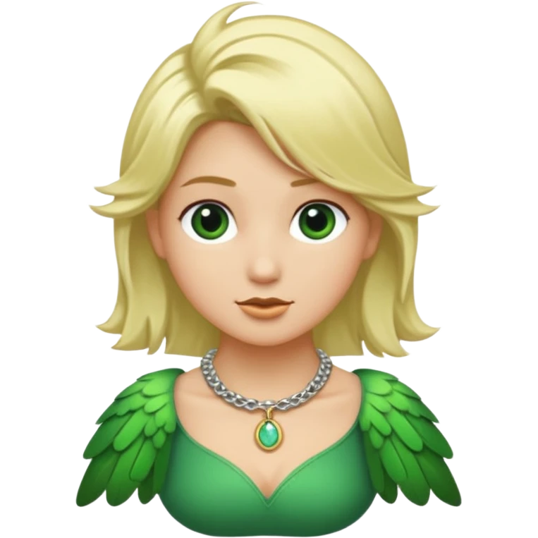 un oiseau classique de profil tout vert même sa tête  et un seul poil blond qui fait une petite bouclette sur le front avec le collier argenté avec des ronds attachés au collier est autour du coup de l’oiseau entre la tête et le corps emoji