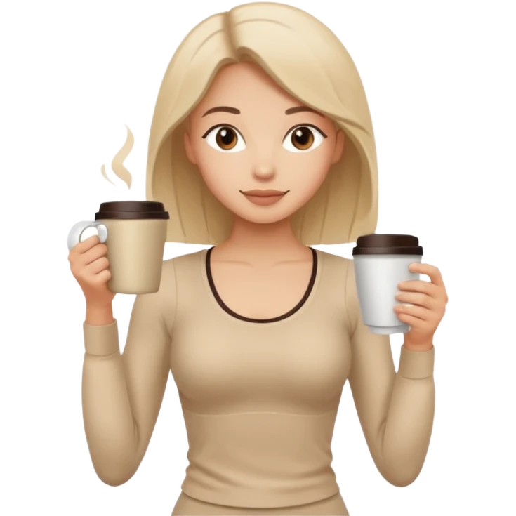 Girl in beige Pilates style holding coffee in her hands emoji