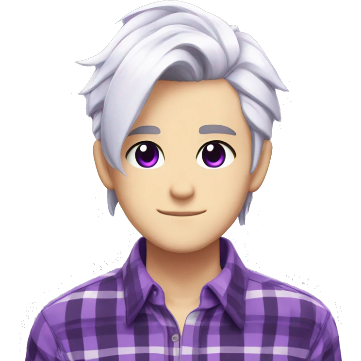 Anime boy with white hair and purple plaid shirt, purple eyes and earrings, emojis for twitch emoji