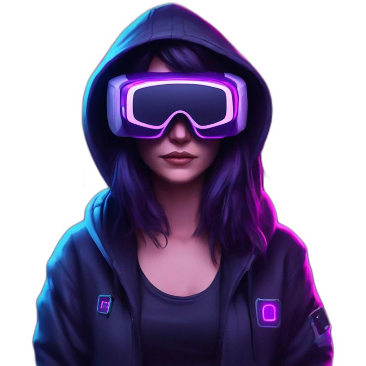 Cathie Wood wearing a black hoodie with "OMG" letters on it and VR headset in a cyberpunk VR environment with violet neon lighting. emoji