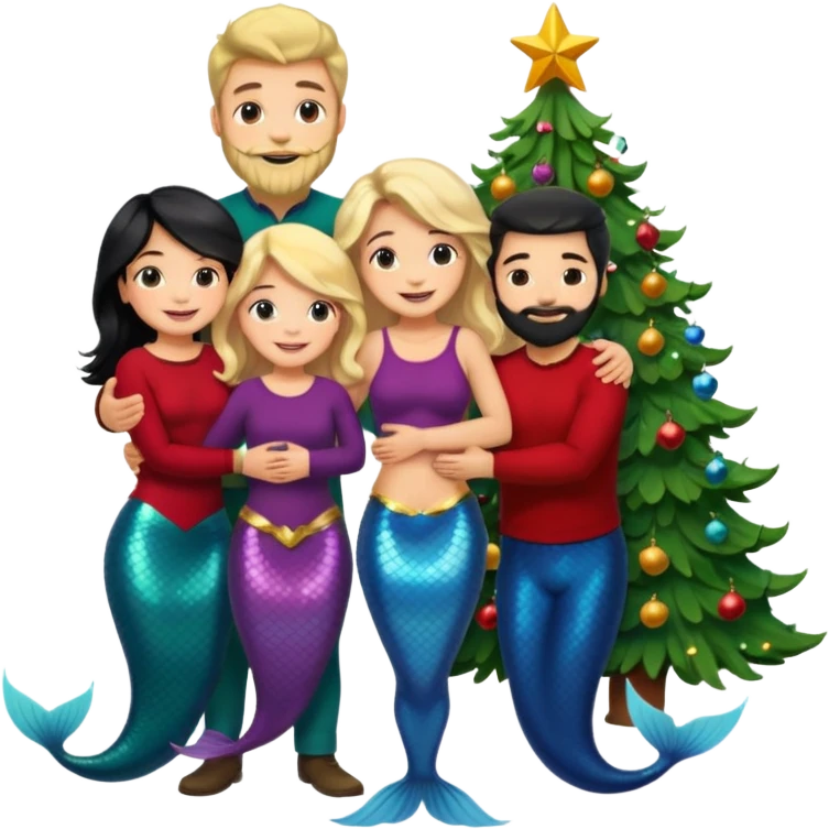 Generate Christmas-style emojis  family. Where light-skinned people stand near the tree all together, hugging and smiling.  girl should be Light-haired woman, mermaid woman, black-haired woman, and 1 man . Add 4 people: Mother, Sister, Sister, Brother  emoji