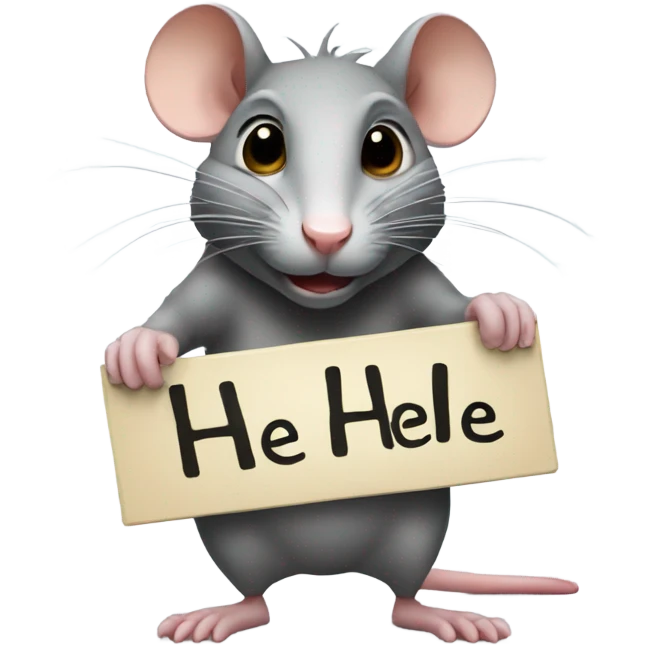 A rat holds a sign with the inscription "HE HE" emoji