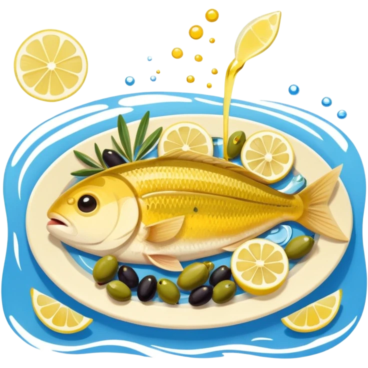 Mediterranean cuisine humanless avatar in clean emoji-style illustration. Olive oil, fish, lemon, blue and sunny colors, light and fresh mood, flat design, high contrast. emoji