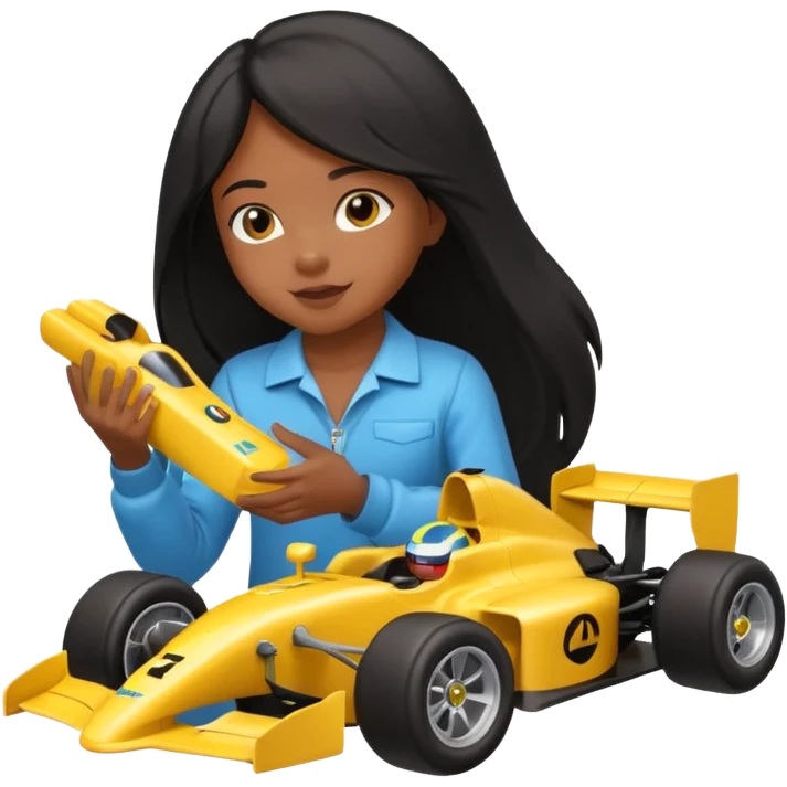  long black haired black girl kid playing yellow colored formula 1 car toy emoji