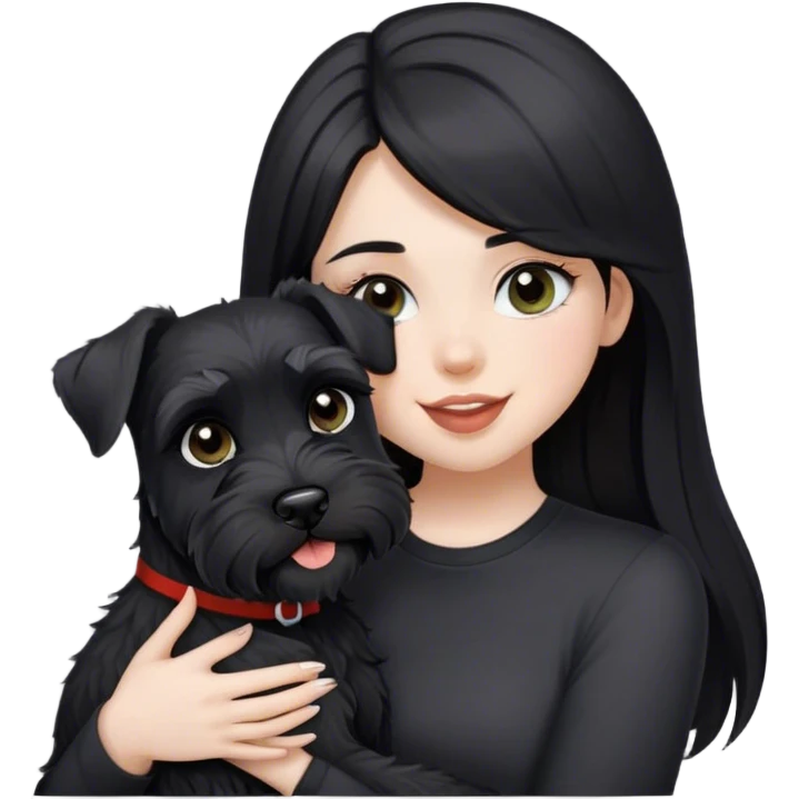 pale girl  with light eyes and long black hair wearing black shirt kissing schnauzer holding smiling black schnauzer  emoji