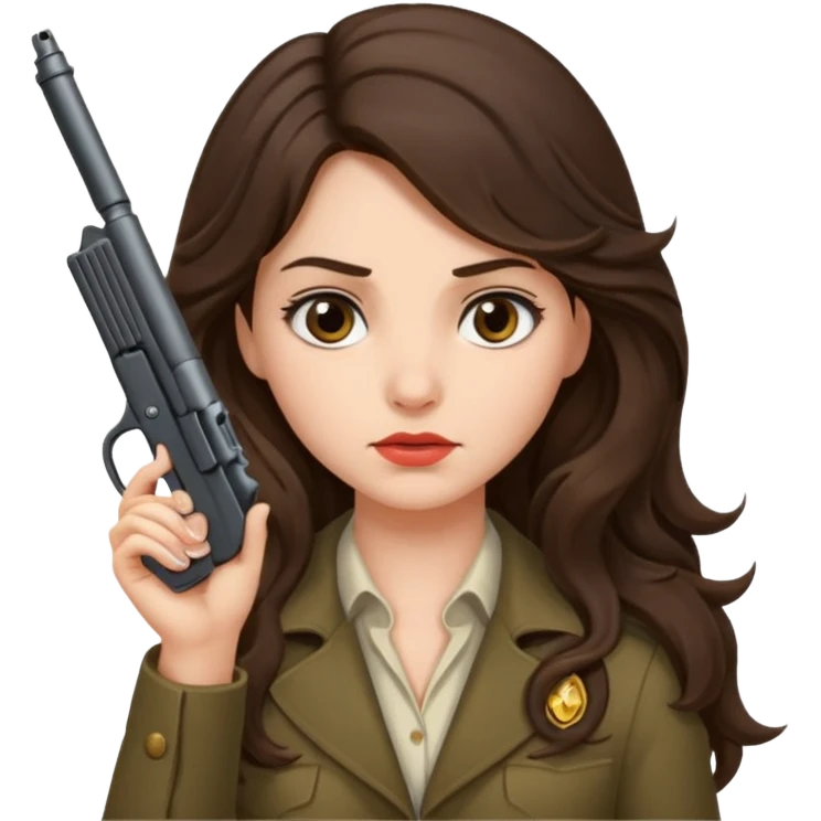 A brunette with long wavy hair girl who is about to kill herself with a littlr gun pointed at her temple emoji