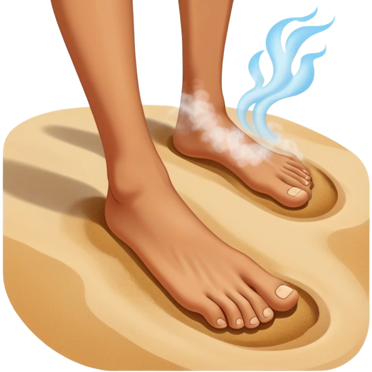 bare foot taking a step on extremely hot beach sand with heat waves and steam rising, showing discomfort without blood emoji