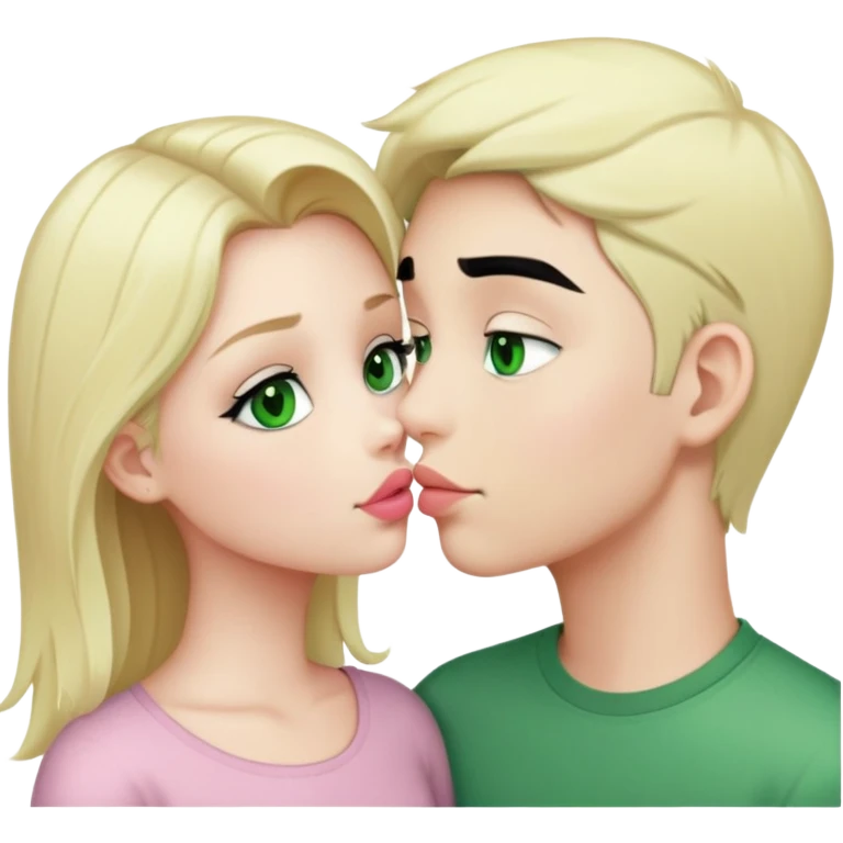 A blonde girl with fair skin and green eyes and light pink lips and a boy with black hair and fair skin and green eyes are kissing  emoji