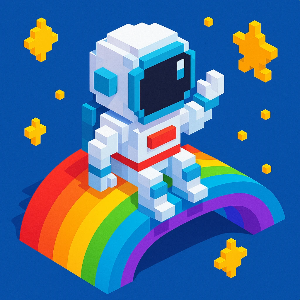 astronaut riding rainbow in starry night, colored background emoji