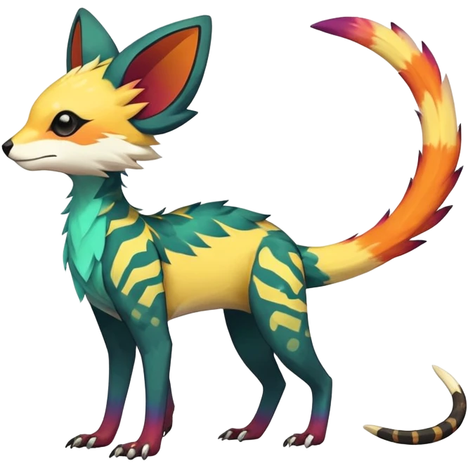Rare realistic exotic edgy epic pretty beautiful handsome gorgeous aesthetic colorful vibrant Vernid-Trico-species-Fakemon-creature by LiLaiRa, 4 legs, 1 tail, random markings, (full body) emoji