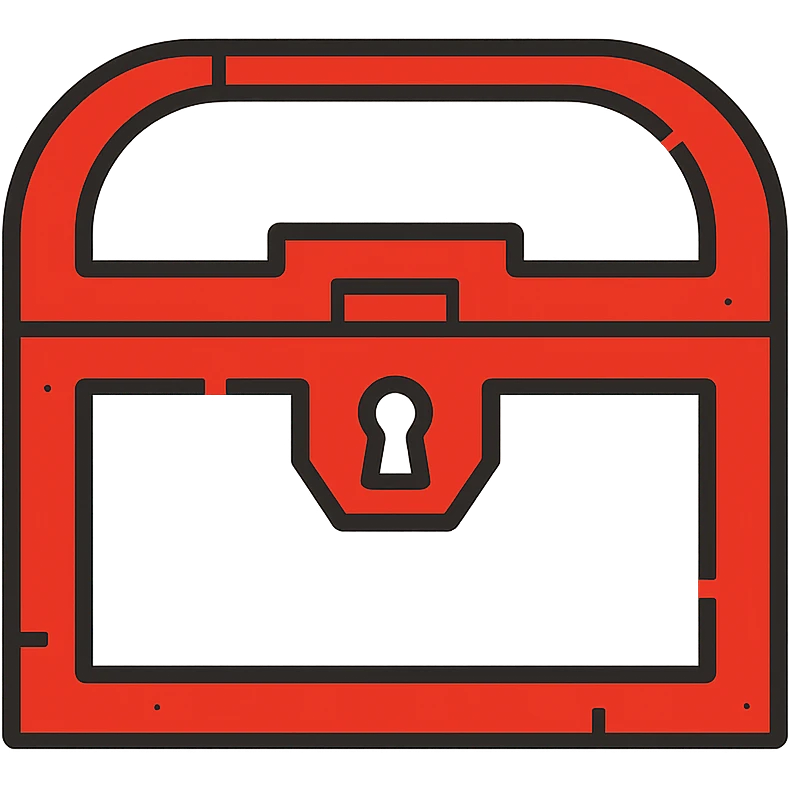 a minimalist red treasure chest where the middle is mostly transparent, with only the essential red outlines and frame remaining, weathered and slightly distressed edges, some red elements strategically placed to define the chest shape emoji