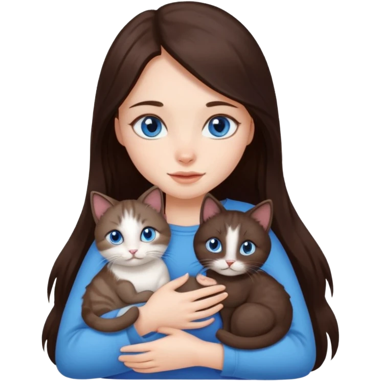 a pretty girl with long dark 
brown hair, with blue eyes, hugs 3 different natural coloured small cats emoji