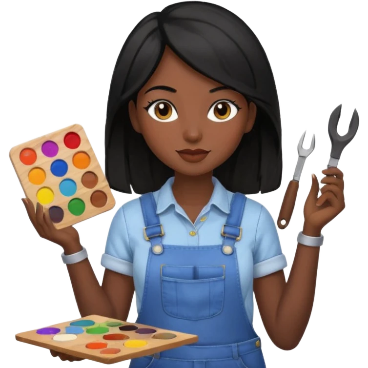 Créame emoji de una mujer que sea diseñadora industrial, pelo negra, piel morena, femenina con overol y una paleta de colores o herramientas de taller piel oscura chocolate cabello largo  emoji