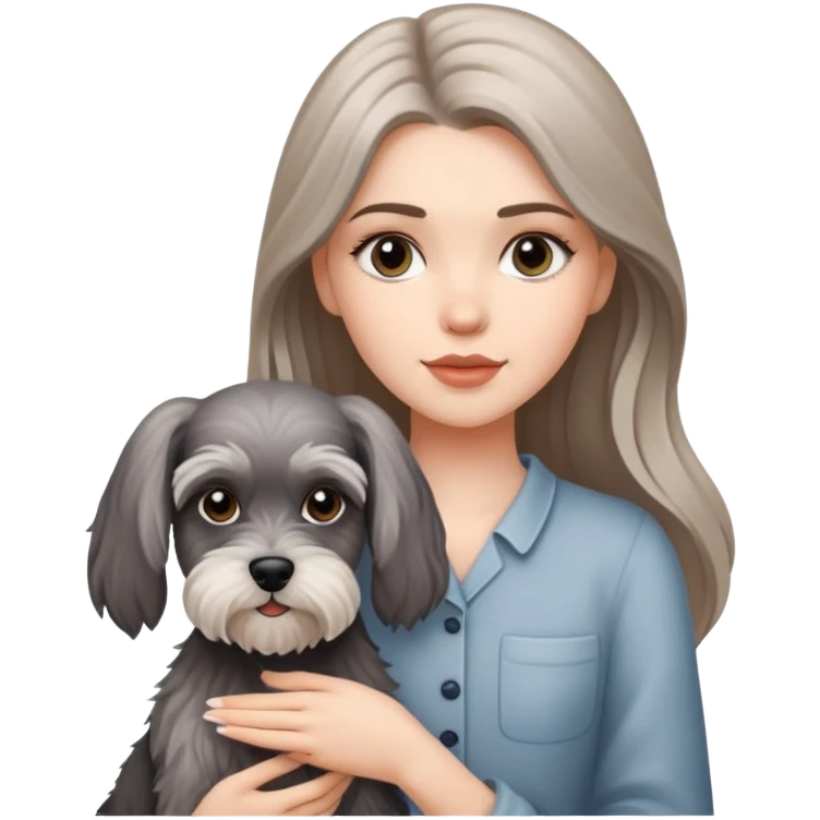A beautiful white girl with long hair holding a schnauzer emoji