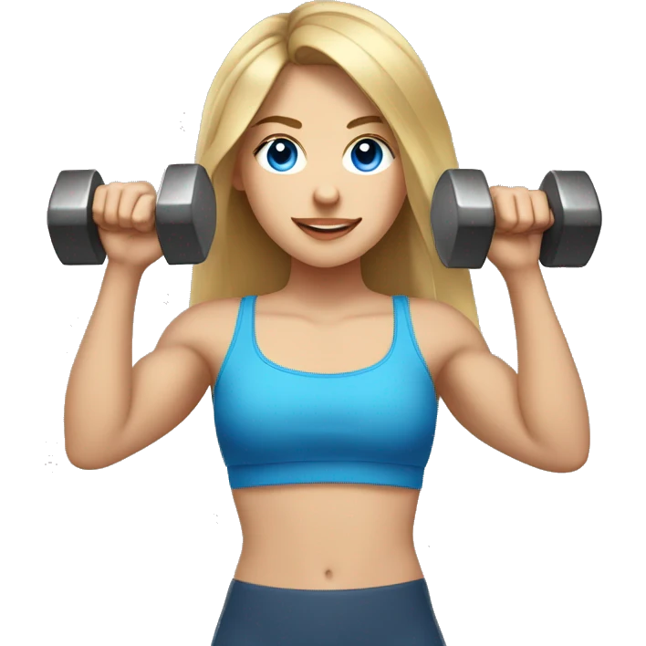 girl with brown hair with blonde highlights and light skin and blue eyes holding a dumbbell while having big arms and abs emoji