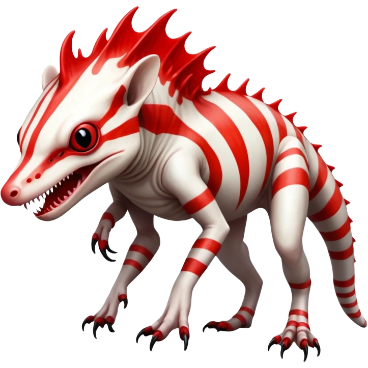 a translucent white red black striped exotic albino edgy vernid-fionbri-creature with splash patterns full body emoji
