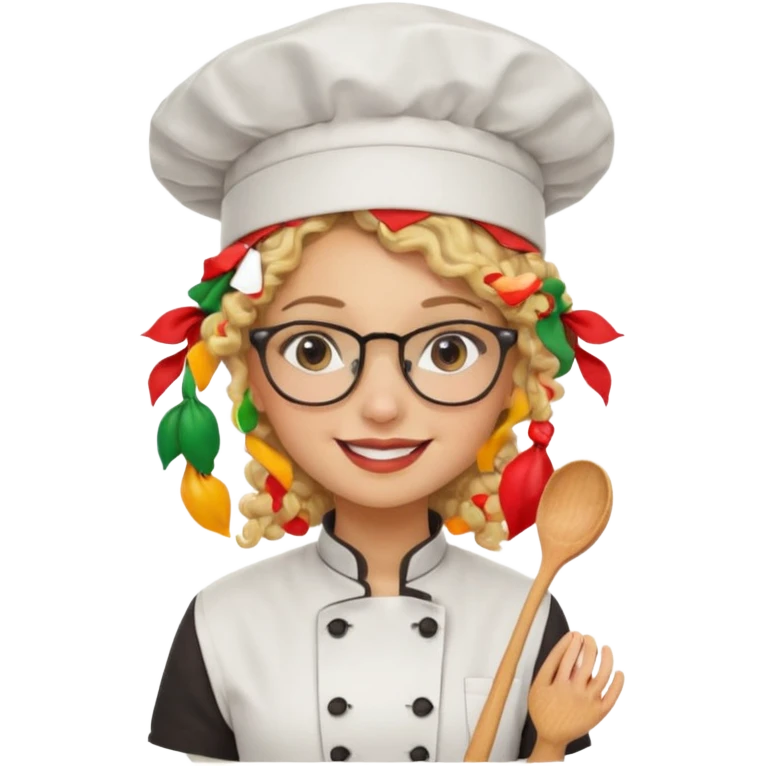 blonde girl with curly hair and glasses with a Mexican hat and chefs uniform emoji