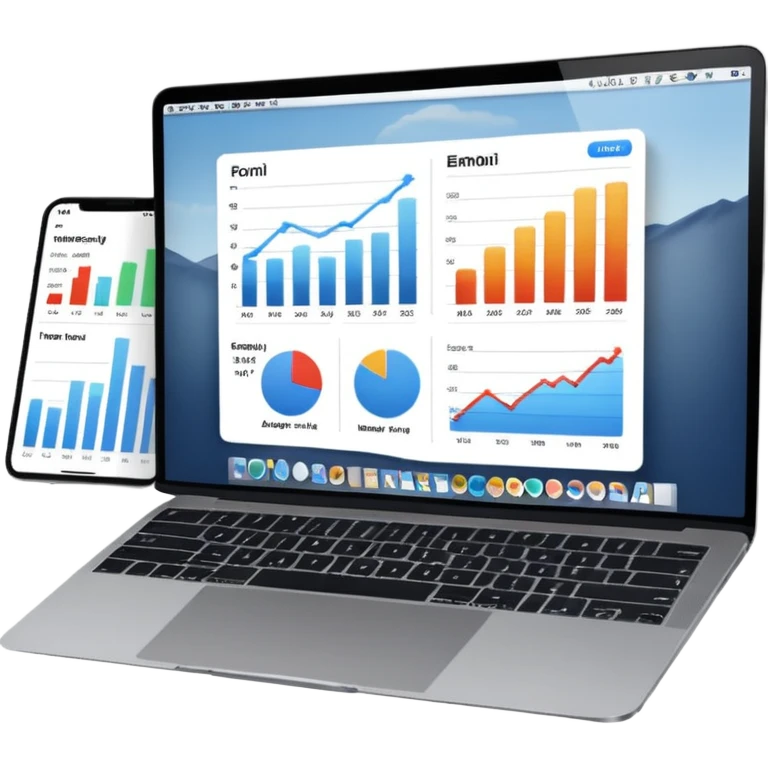 Create a macbook displaying financial charts and analytics dashboards on the screen. emoji