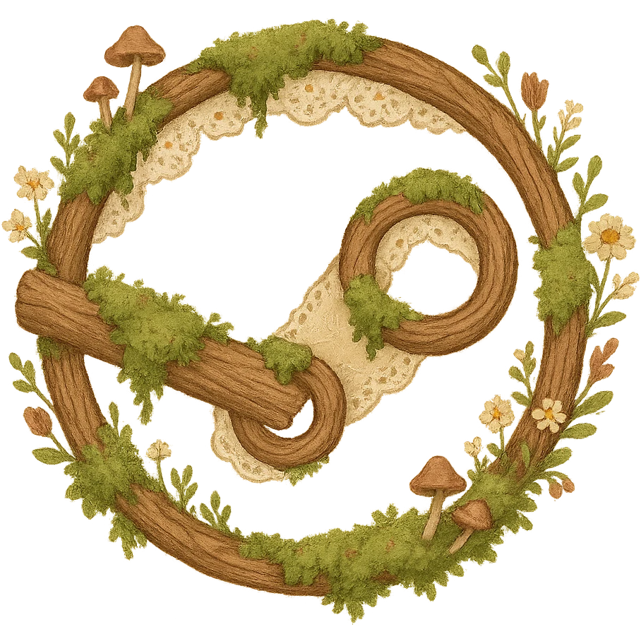Steam logo inspired by cottagecore style: circle and connecting arms made of wood and lace, decorated with moss, tiny mushrooms, and wildflowers, soft earthy tones, cozy and whimsical, no text emoji