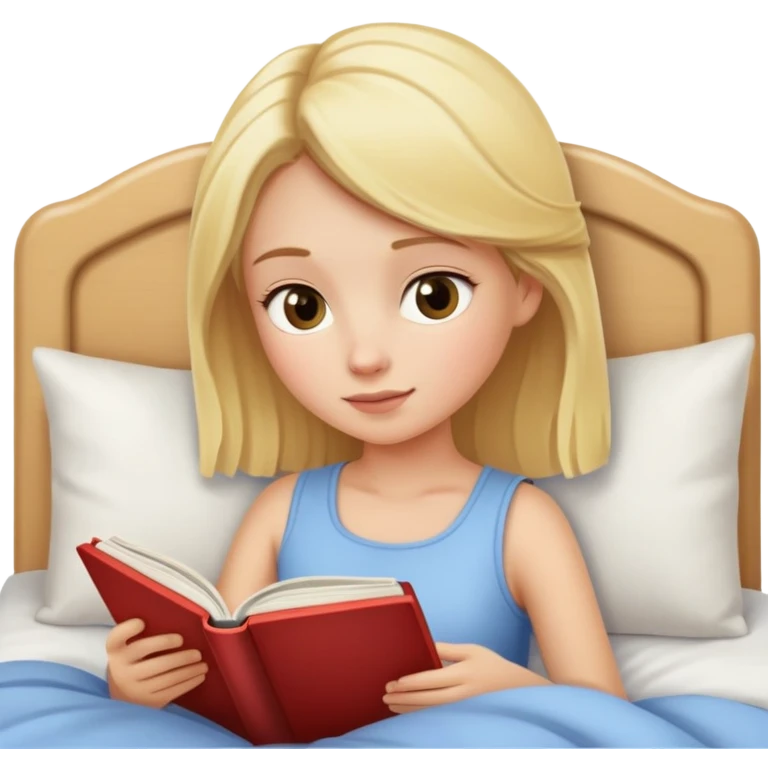A blonde girl that is reading a book in bad with soft light  emoji