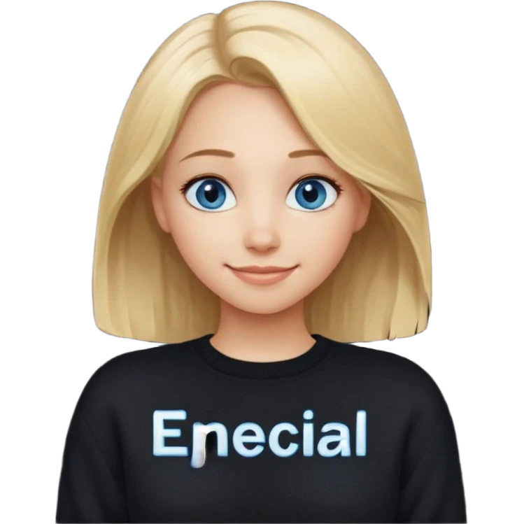 a new character a girl with shoulder length blonde hair wearing black clothes and wearing a cheeky smile she has blue eyes her black sweater has an emo style badge remove the badge and instead add the words special emoji