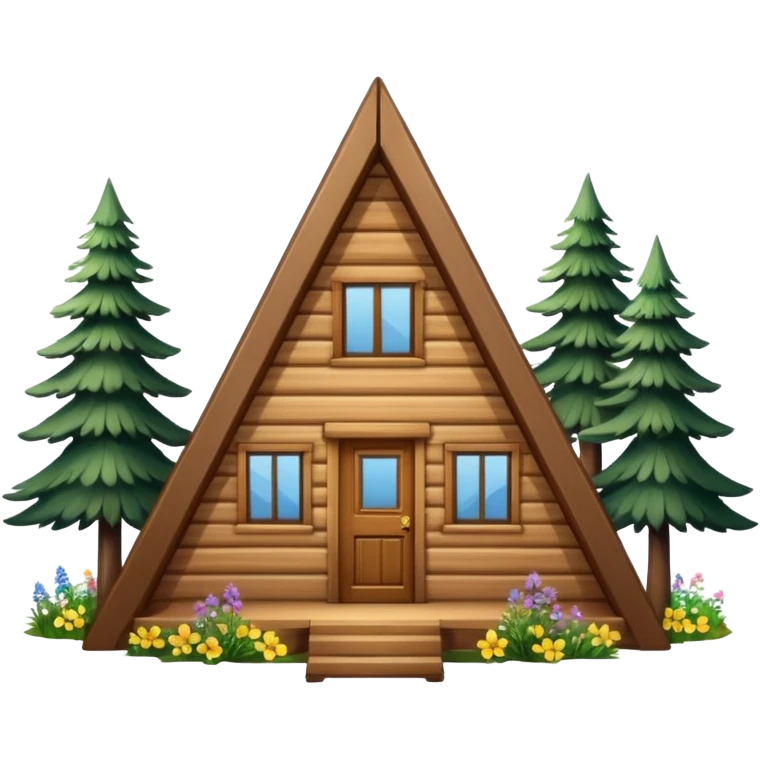triangle small cabin in the woods, surrounded by pines, with flowers around emoji