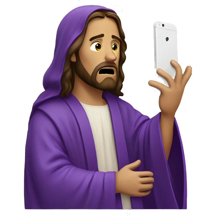 Jesus in purple robe crying about dead phone emoji