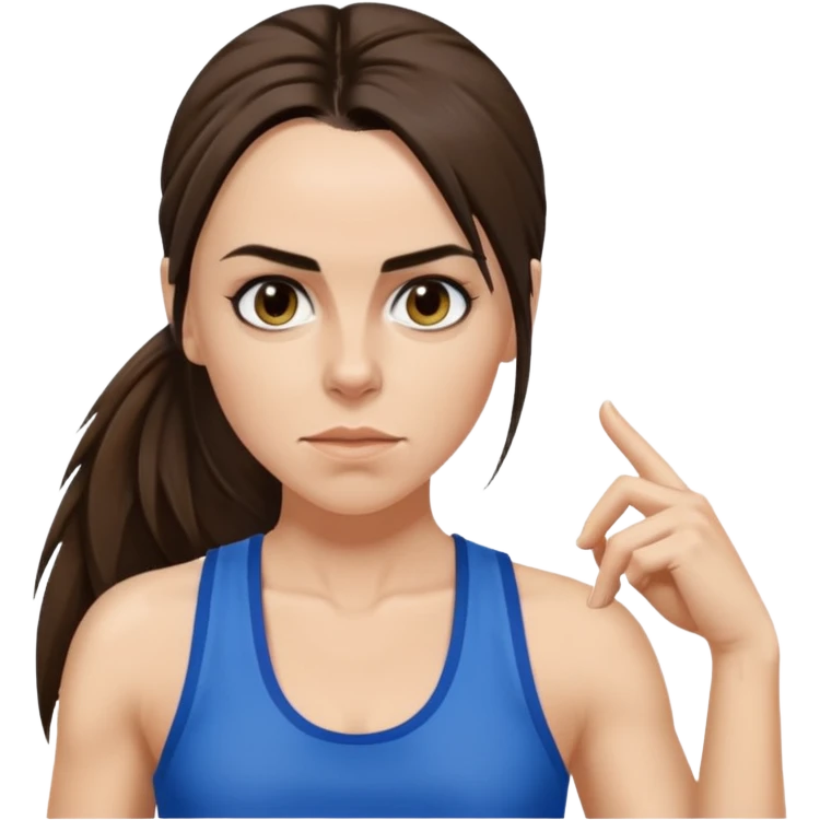 Melanie C with hazel eyes, dark brown long ponytail hair, blue tank top emoji