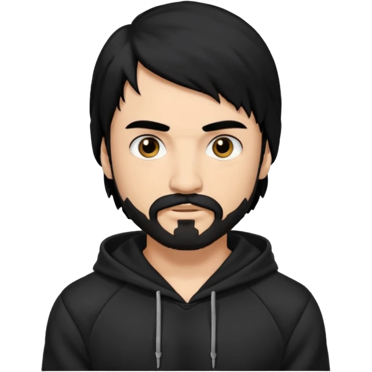 Man, hispanic skin, black hair, black beard, black mustache black eyes black t hoodie, small nose, long emo hair, muscular  emoji