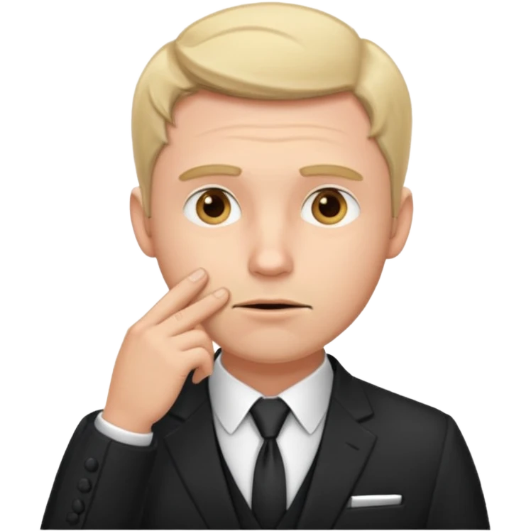 white man in formal suit thinking hard, hand to mouth emoji
