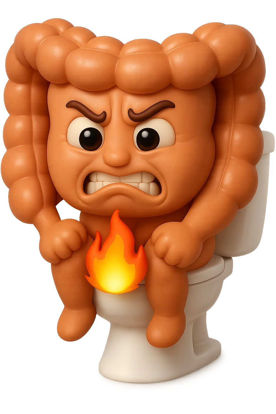 SU QUESTO STILE FAI UN EMOJI STILE IPHONE 3D DI UN INTESTINO CHE sta seduto sul wc e dal wc in mezzo alle sue gambe esce una fiamma stile emoji iphone, FAGLI UN ESPRESSIONE di dolore mentre si sforza E FALLO MOLTO REALISTICO IN 3D emoji