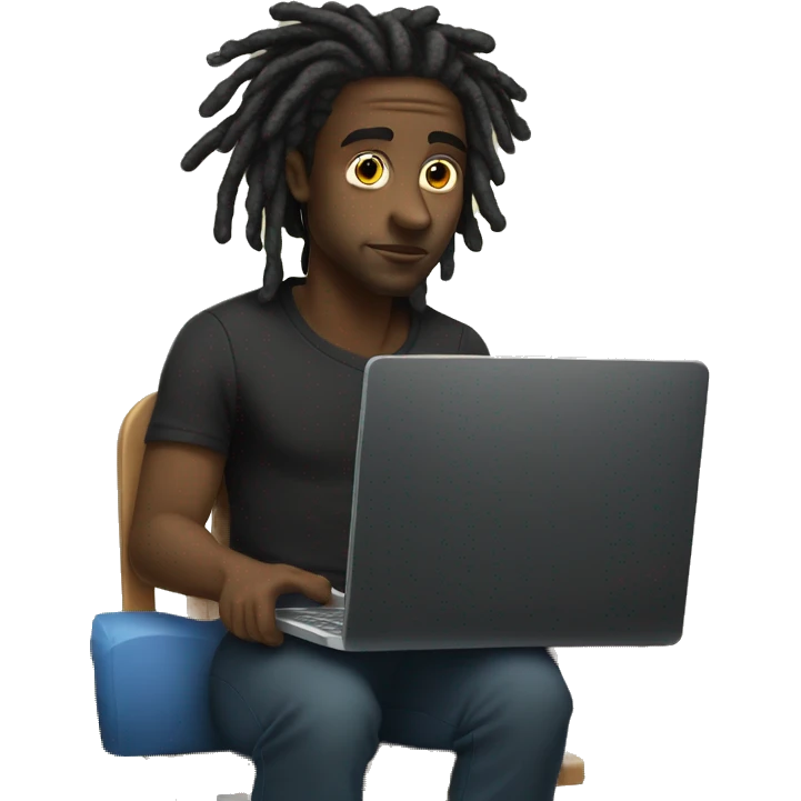 Black-guy-with-dreads-wearing-black-trackstuit-sitting-down-on-chair facing-foward-focused-on-laptop-computer- emoji