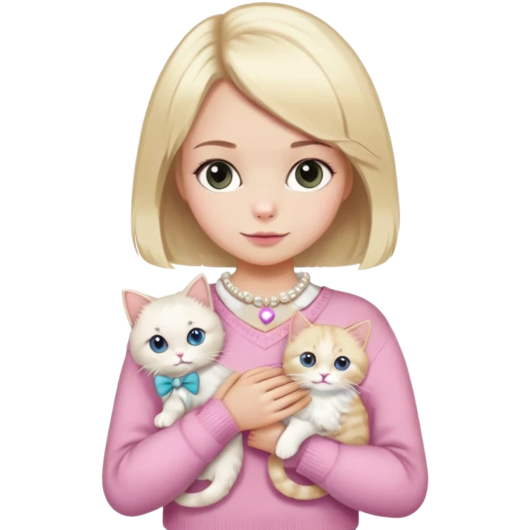A girl, blond short hair, using pink sweater, there's a white bow in the middle of her sweater, and also in her blond hair. She brings a ragdoll cat, the cat using pearl pet necklace and pink bow emoji