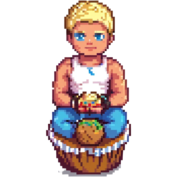 Add a wrestling belt to Cody Rhodes as he sits on the cupcake in pixel art style, no background. emoji